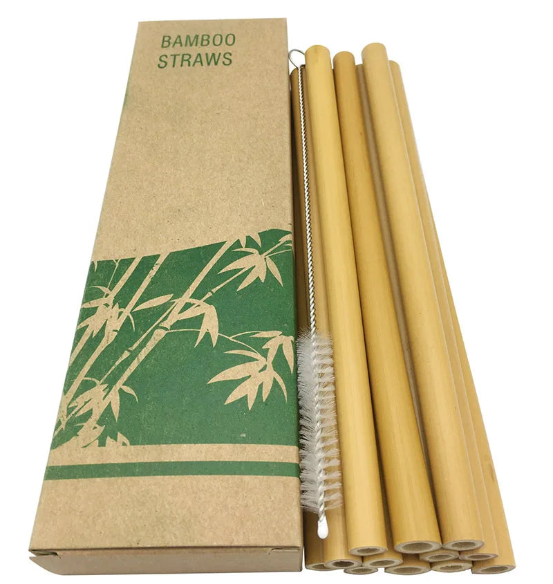 12Pcs Reusable Bamboo Straws Eco-friendly Bar Party Drinking Straw with Cleaning Brush Natural Bamboo Cocktail Straws